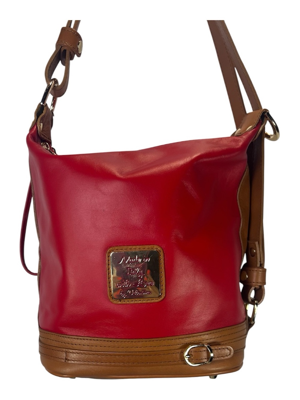 Vintage Valentina Italian Leather Convertible Backpack Bucket Bag Red/Tan